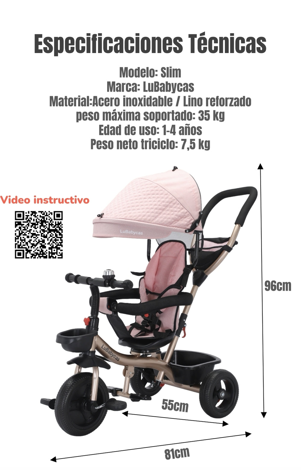 Triciclo 3 En 1 Con Apoya Pies 360°LuBabycas Negro