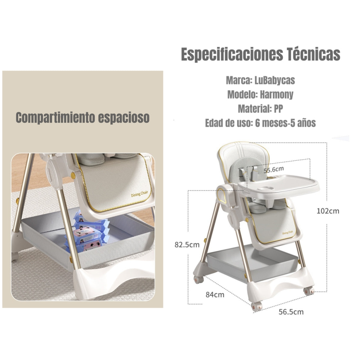 Silla De Comer Columpio 2 En 1 Con Protector Crema LuBabycas