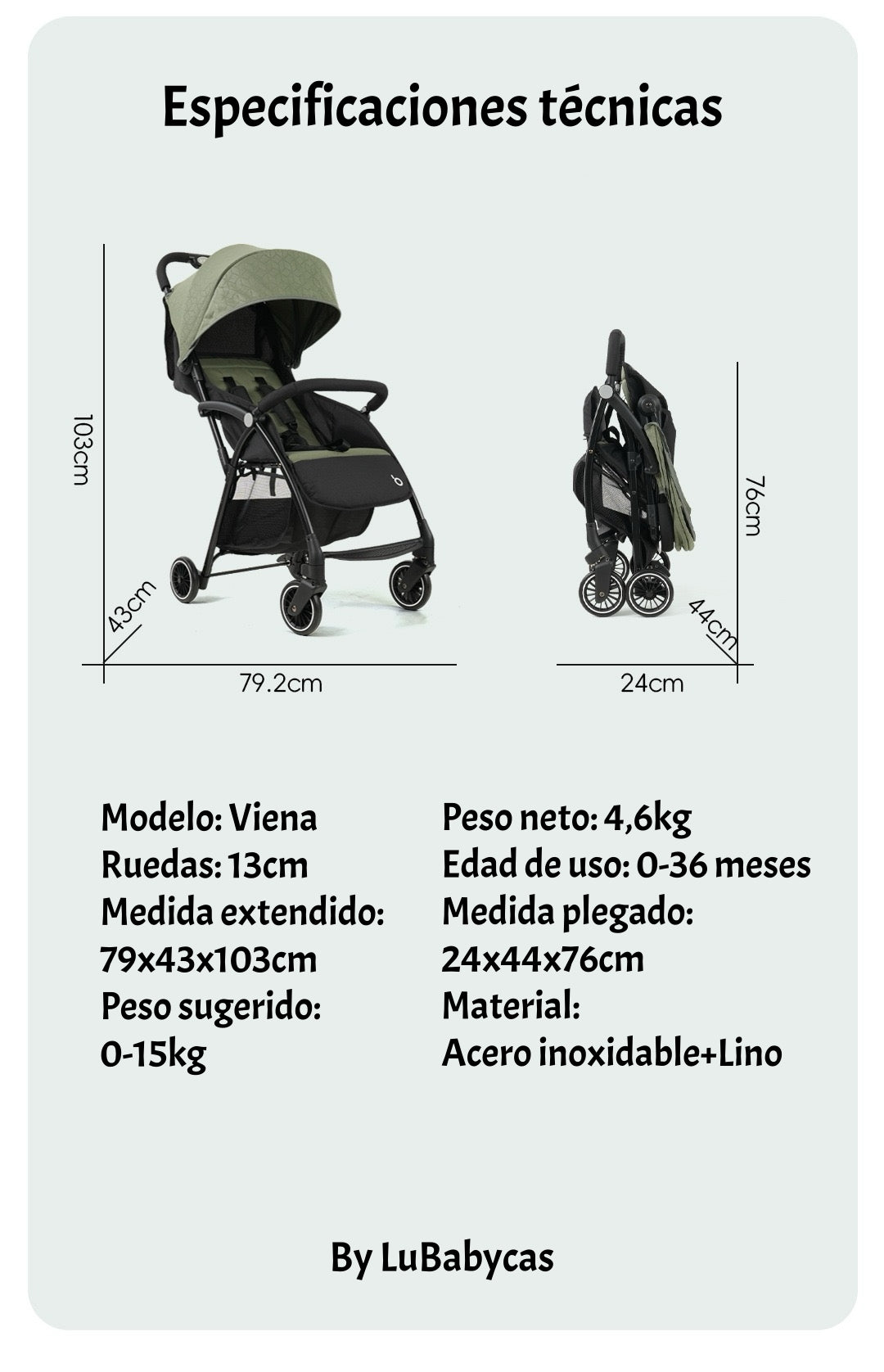 Coche De Paseo Últra Compacto Liviano Viena Verde LuBabycas