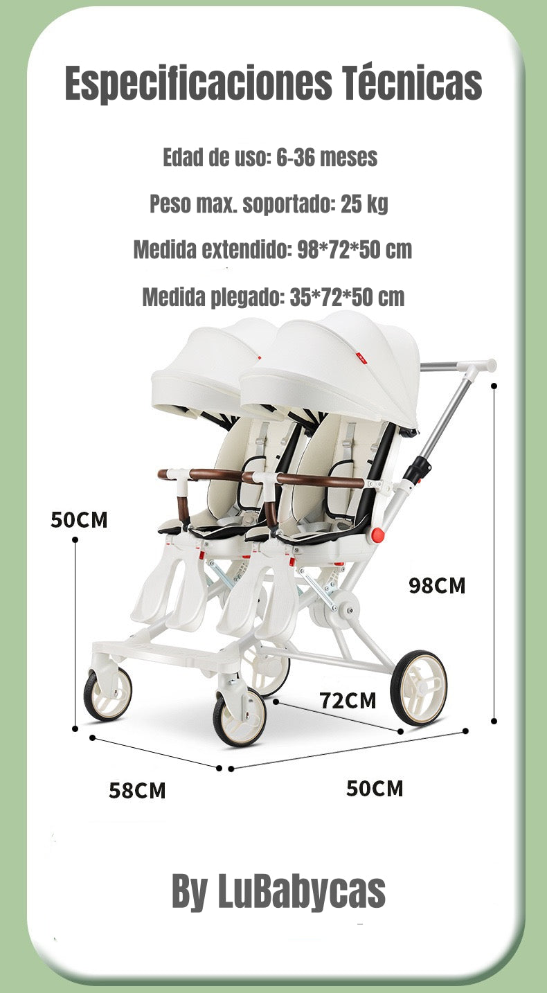 Coche Doble con Mesita de Comer Reclinable Blanco LuBabycas
