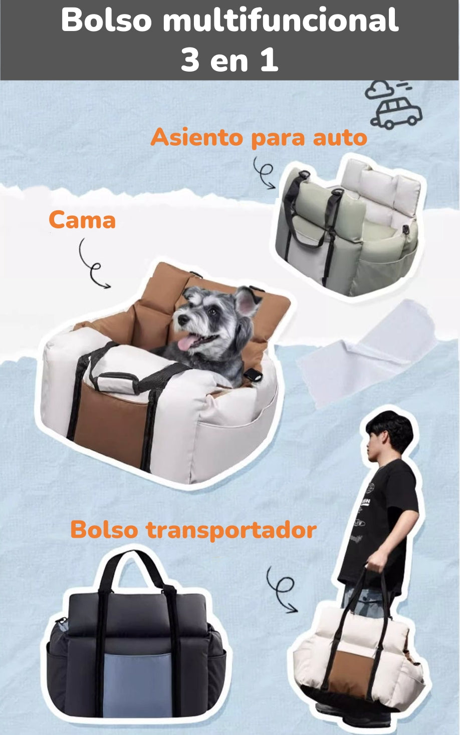 Bolso De Asiento Portatil Transportador 3 En 1 Mascota Auto