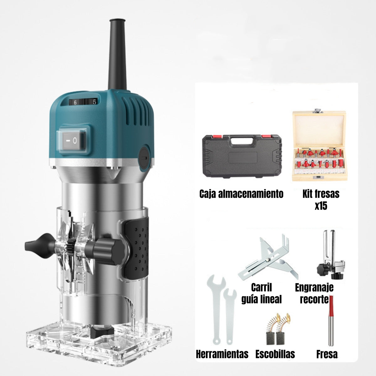 Kit Fresadora Recortadora 800W 6,35mm 15 Fresas Con Caja K01