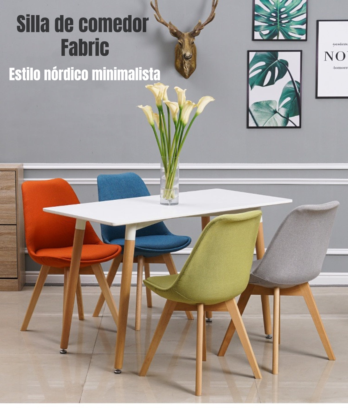 Set 4 Sillas De Comedor De Tela Madera Gris Fabric LuBabycas
