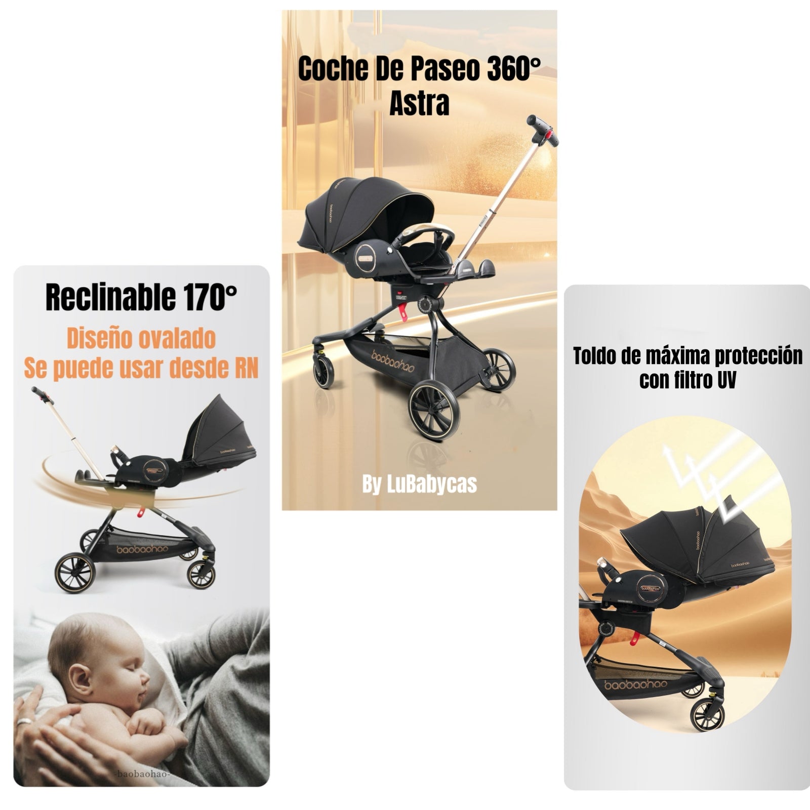 Coche De Paseo 360° Reclinable Astra Negro LuBabycas