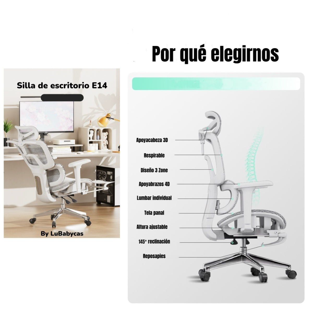 Silla De Escritorio Reclinable E14 Gris By LuBabycas