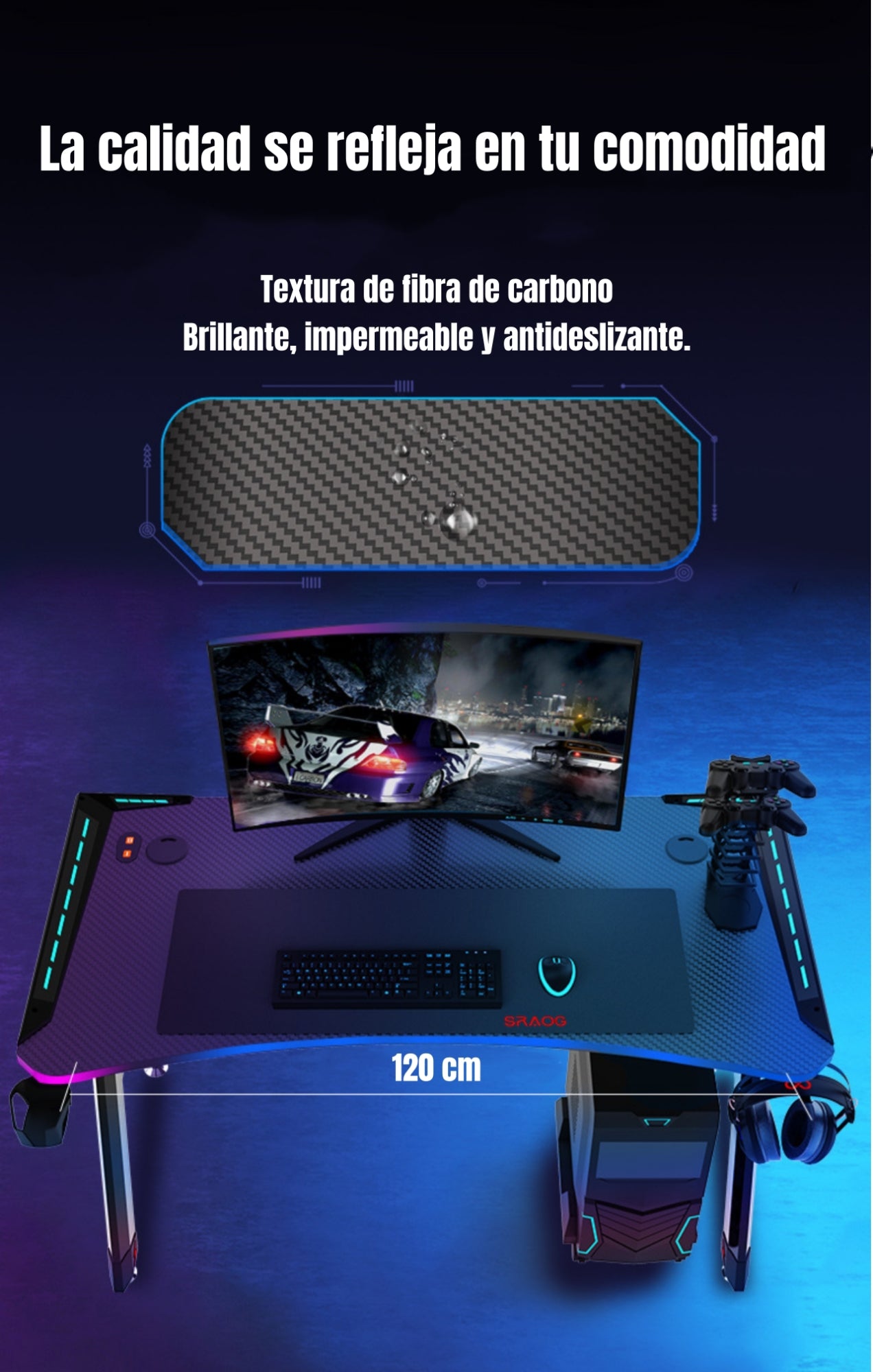 Escritorio Gamer Con Luces 120x60x73cm Negro By LuBabycas