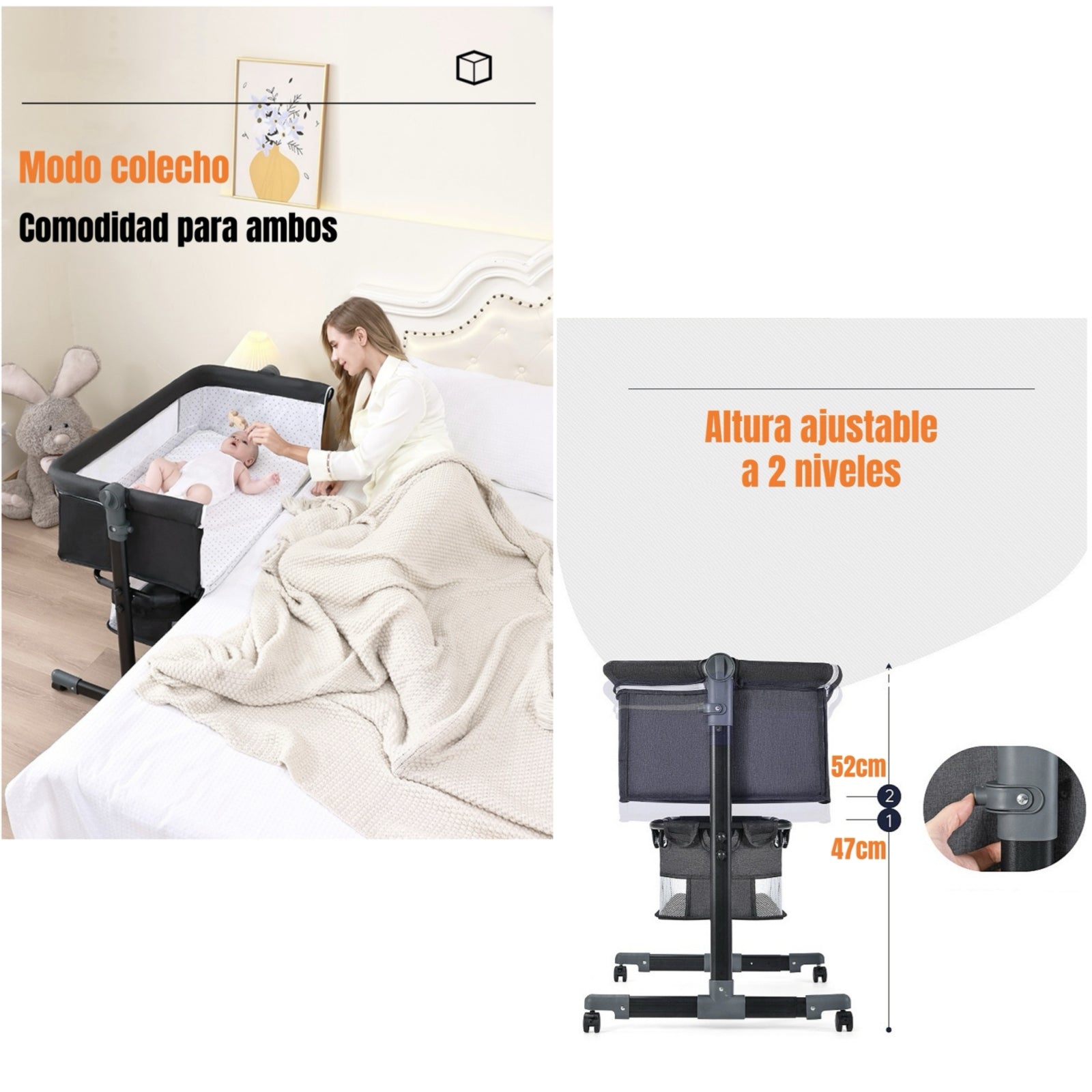 Cuna Colecho One Con Mosquitero Colchón Gris LuBabycas