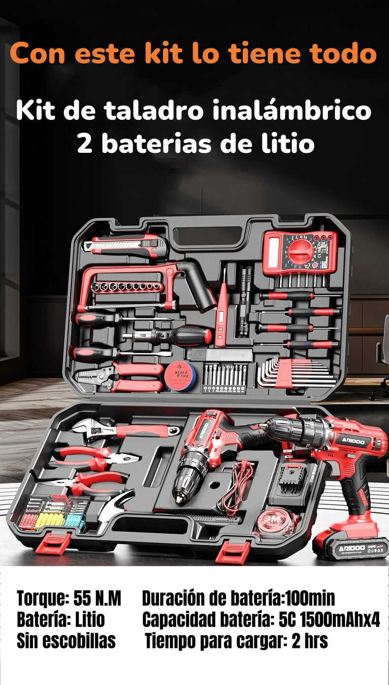Kit Taladro Inalámbrico 2 Baterías 16,8V 118 Piezas B01