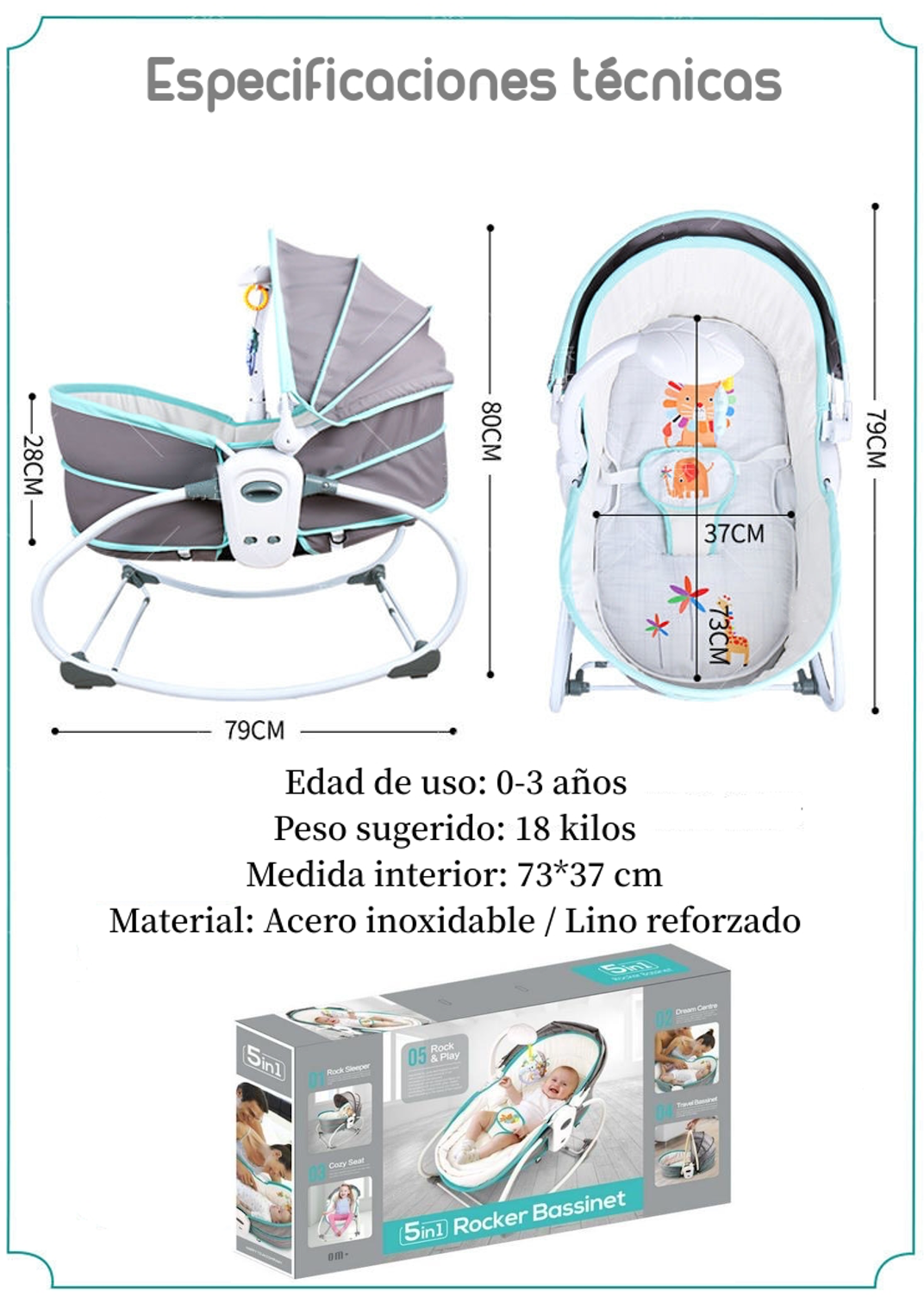 Cuna Moisés 5 En 1 Con Vibración Mosquitero Lubabycas Verde