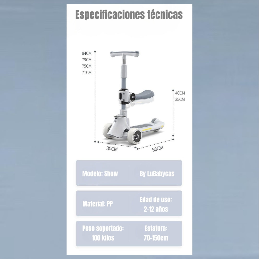 Scooter 3 Ruedas 2 en 1 Últra Resistente LuBabycas Gris