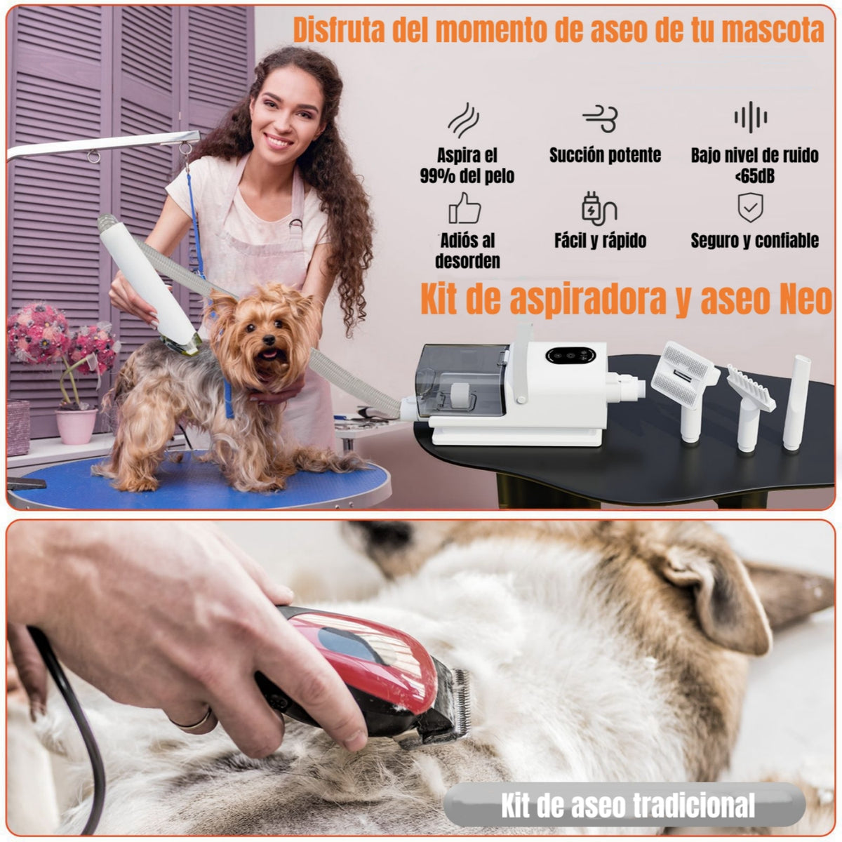 Kit De Aseo Mascotas Aspiradora Cortapelos 2 En 1 NEO