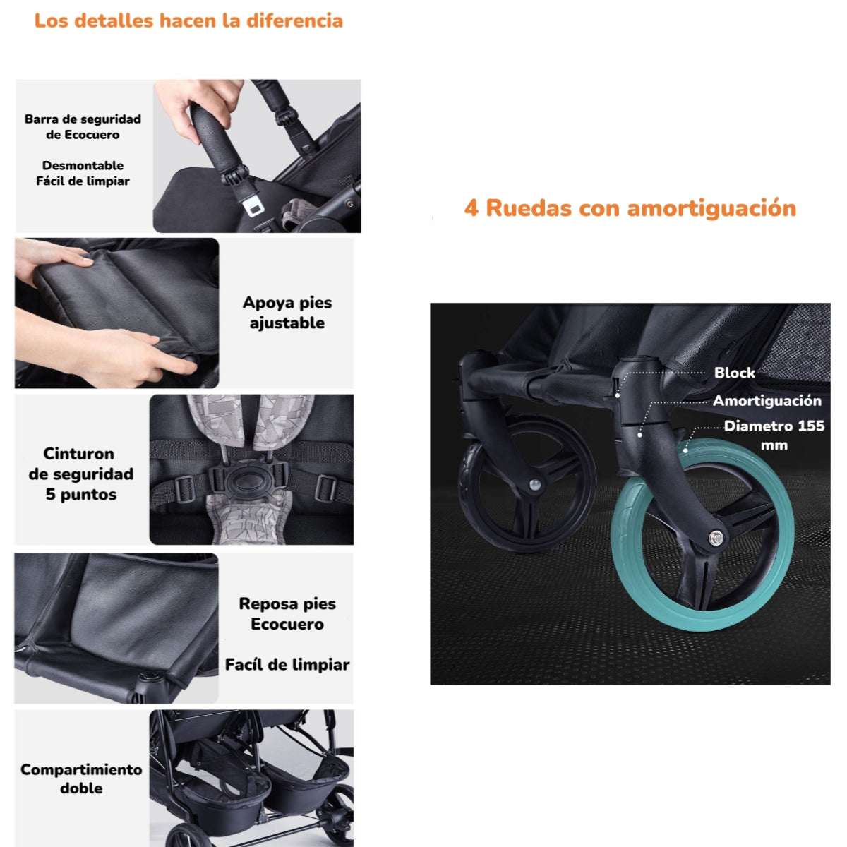 Coche Doble De Paseo Marco Aluminio Liviano Gris LuBabycas