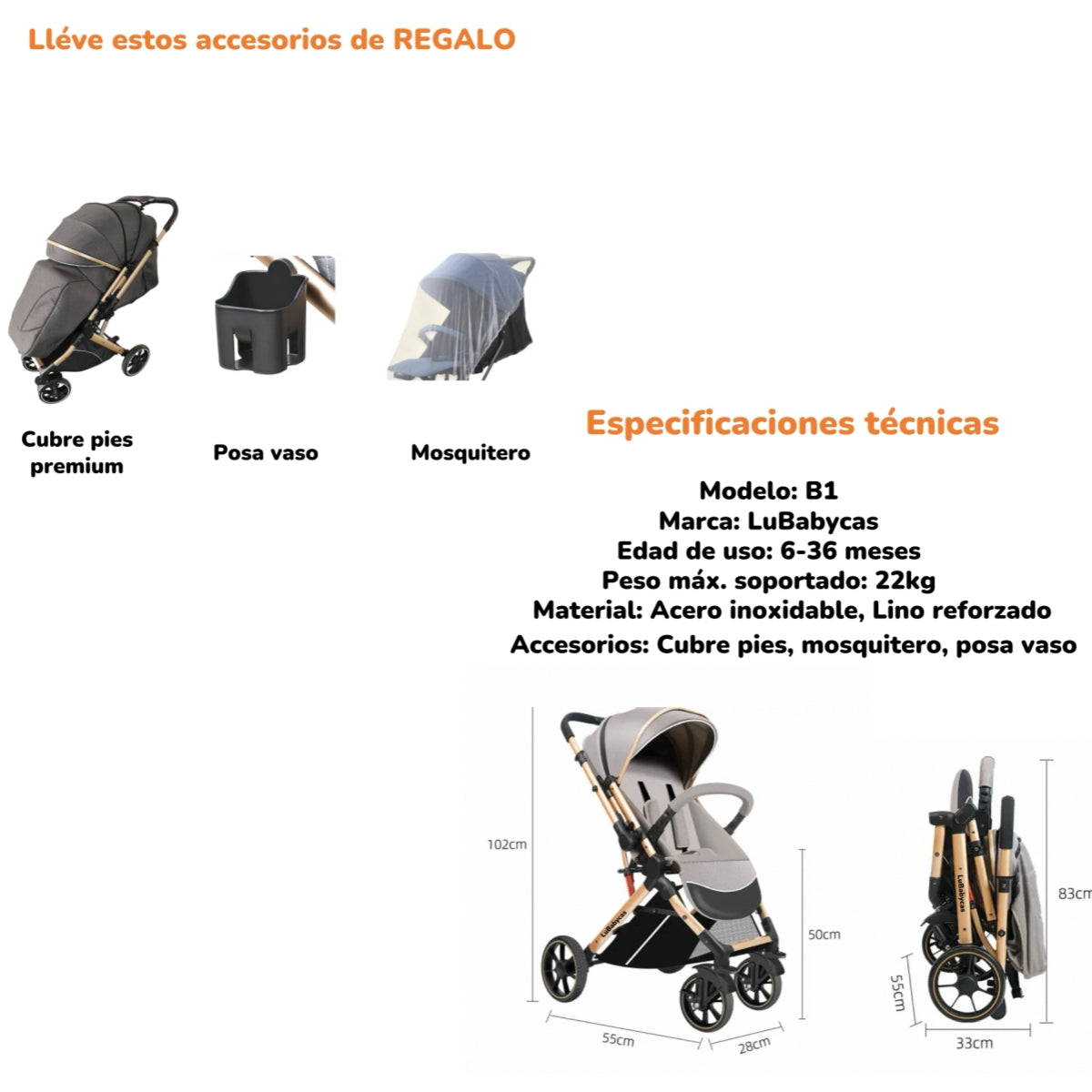 Coche De Paseo Reversible Con Cubre Pies B1 Gris LuBabycas