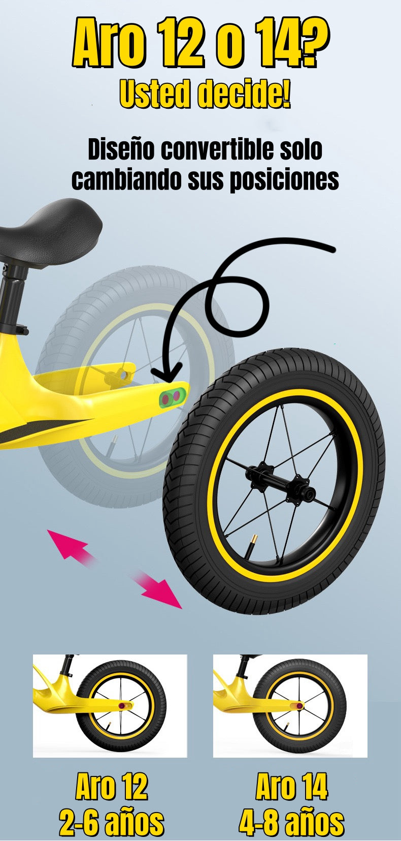 Bicicleta de Equilibrio Convertible Aro 12 y 14 Rosada