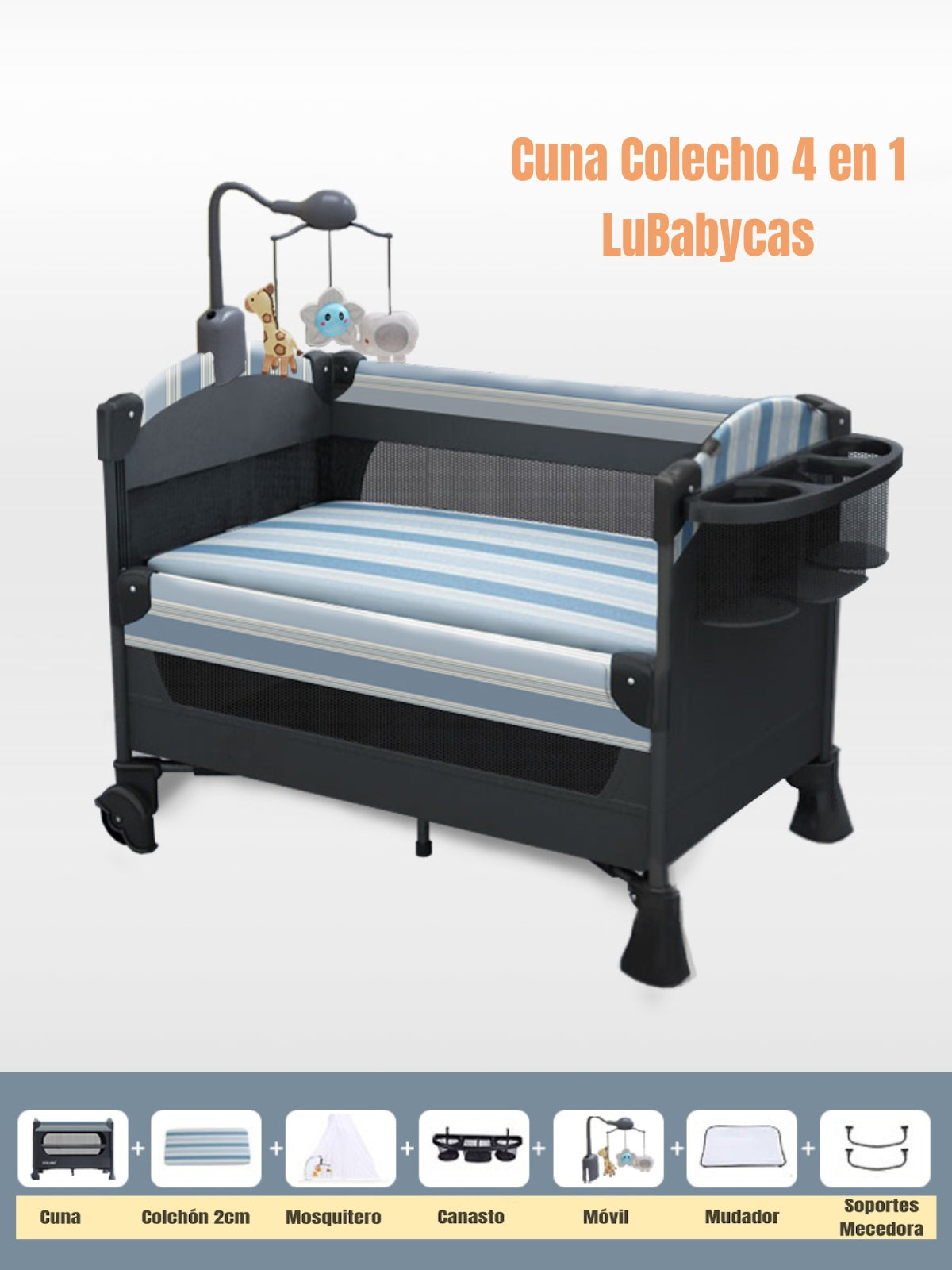 Cuna Colecho Corral Mecedora 4 En 1 Lubabycas Azul