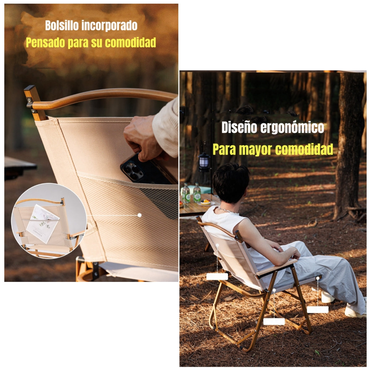 Silla Plegable Camping Con Bolsillo Playa Picnic Beige Kemi
