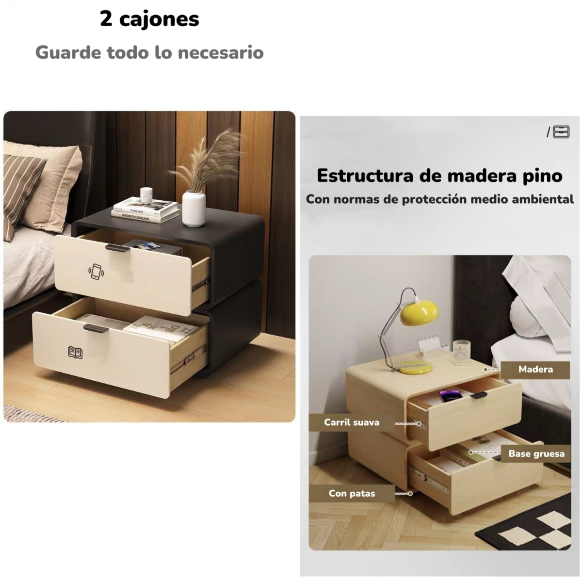 Velador De Madera 2 Cajones Listo Para Usar Crema