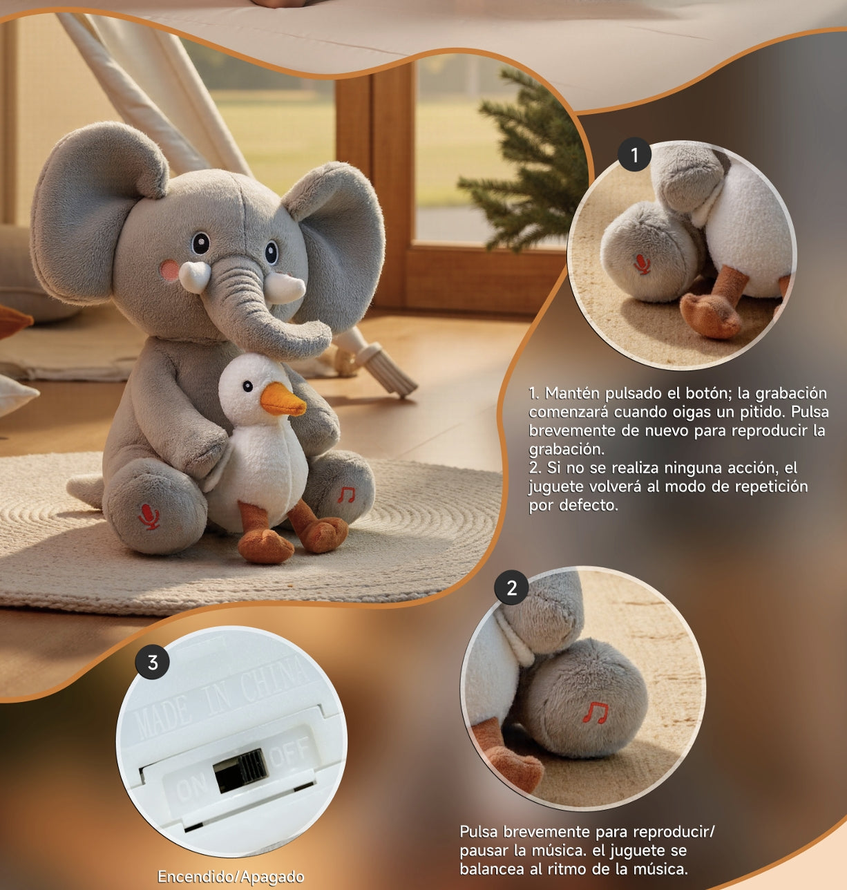 Peluche Elefante Interactivo Graba Canta y se Balancea TM389
