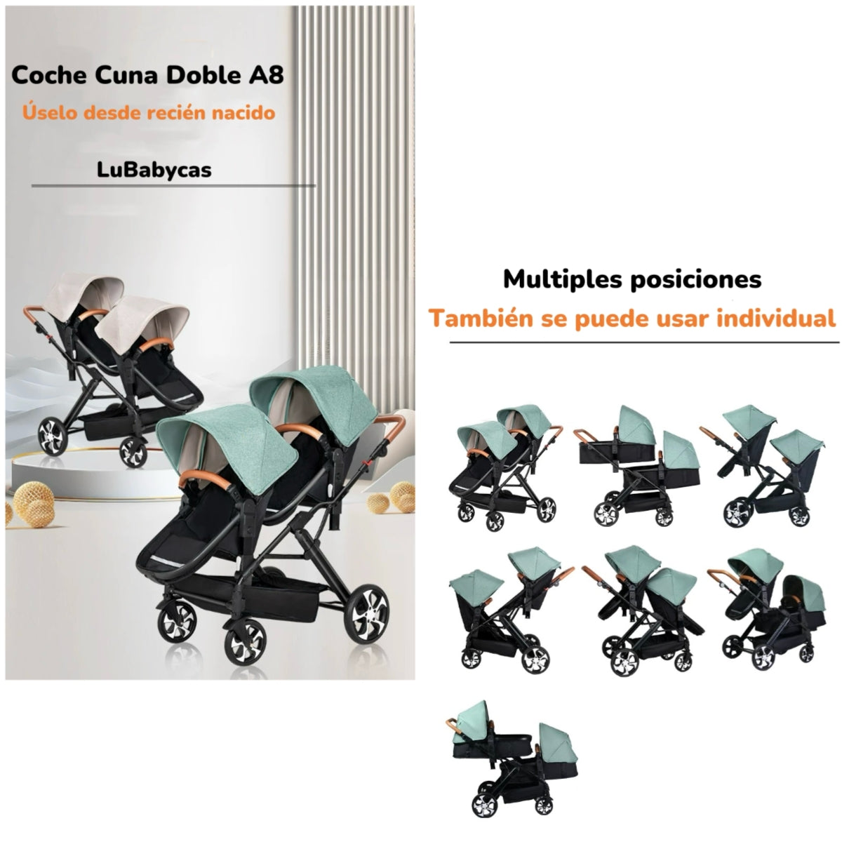 Coche Cuna Doble Multiposiciones Compacto A8 Negro LuBabycas