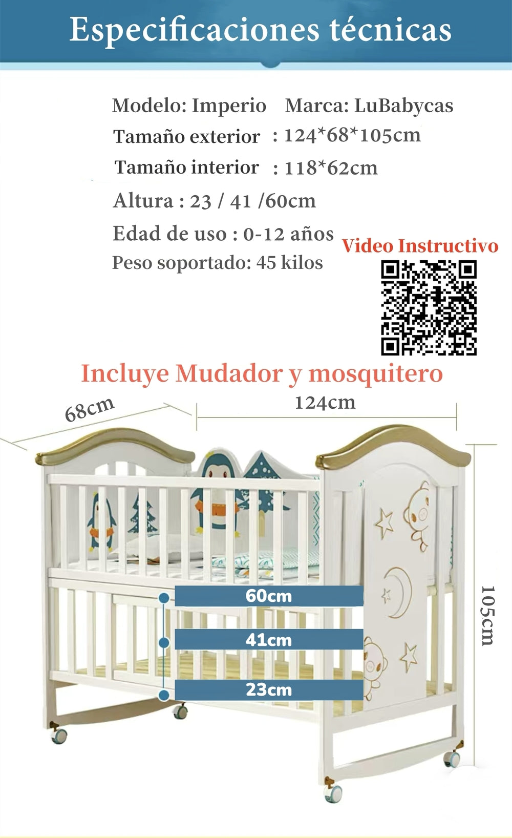 Cuna Colecho Madera Con Mudador Mosquitero Lubabycas Azul