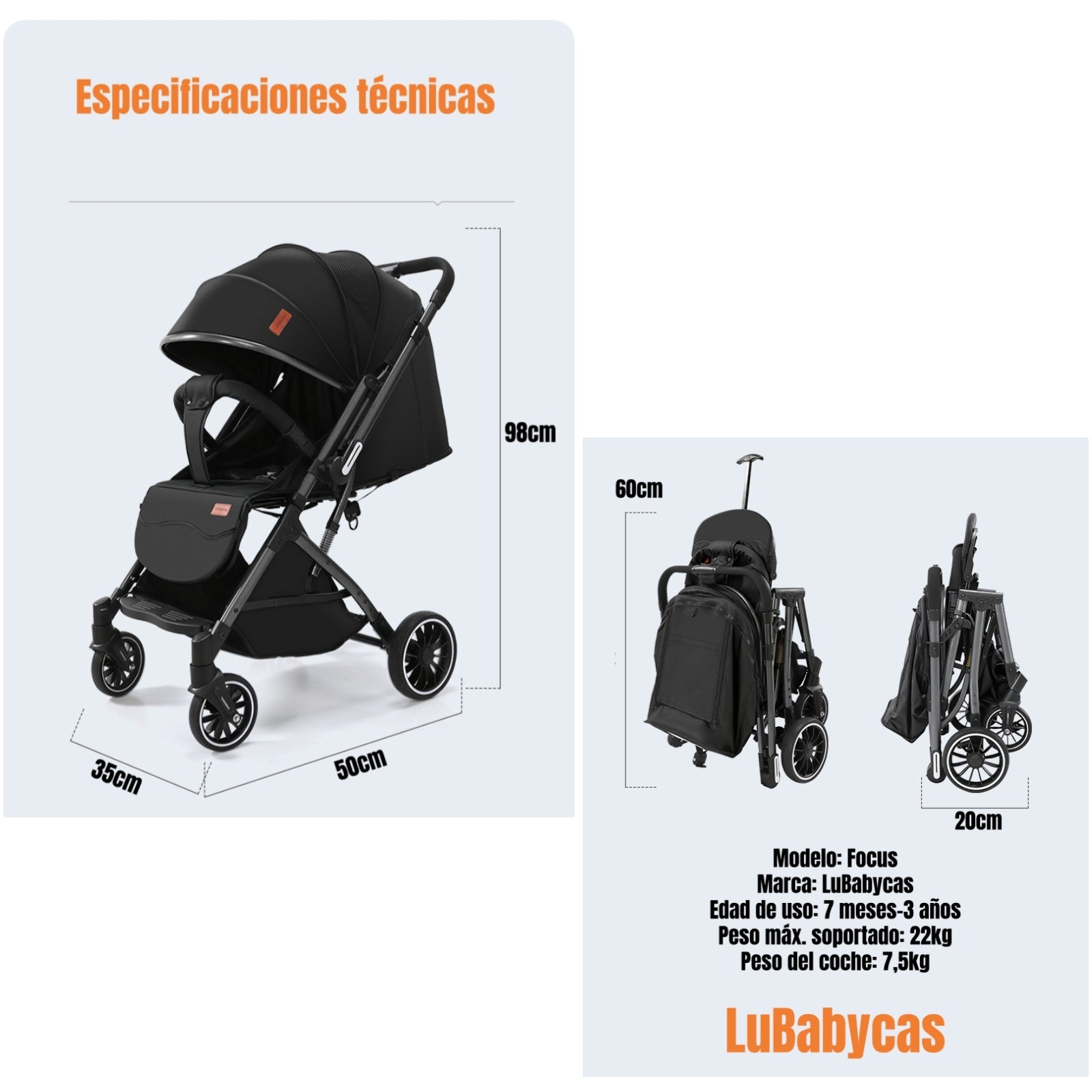 Coche Paseo Reversible Con Mosquitero Focus Negro LuBabycas