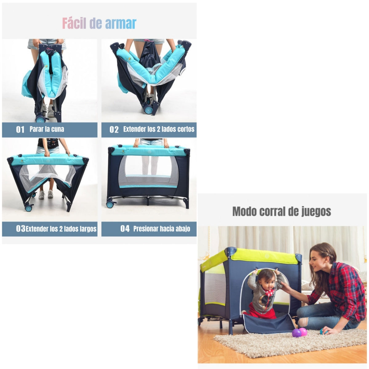 Cuna Corral Con Mudador Mosquitero Colchón Azul LuBabycas