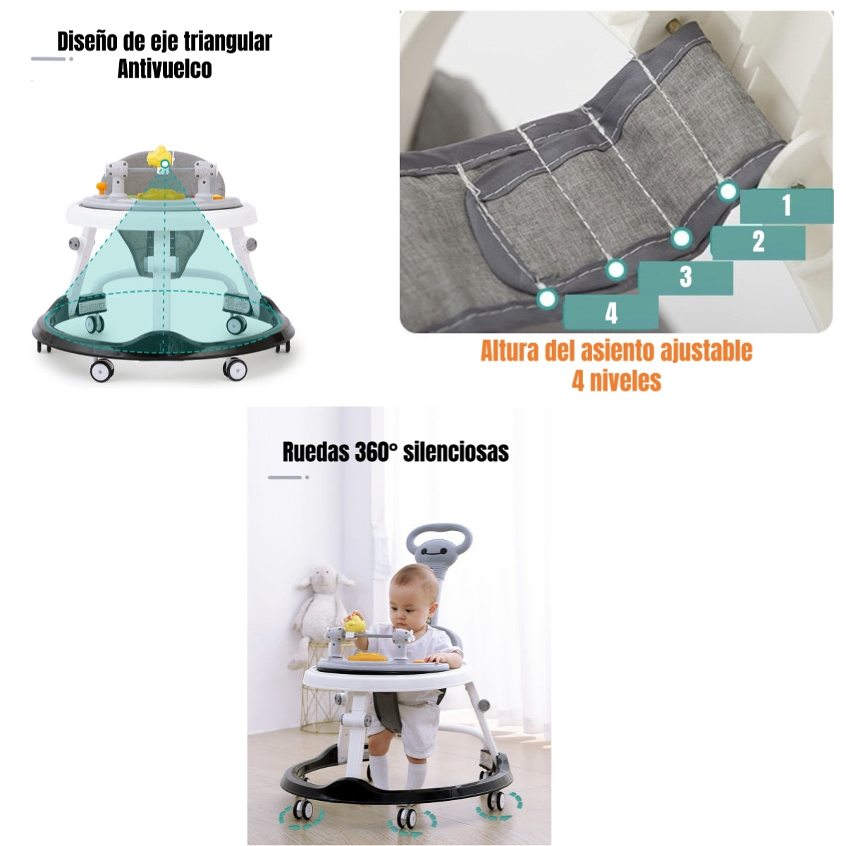 Andador Caminador 4 En 1 Aita Con Manilla LuBabycas Gris