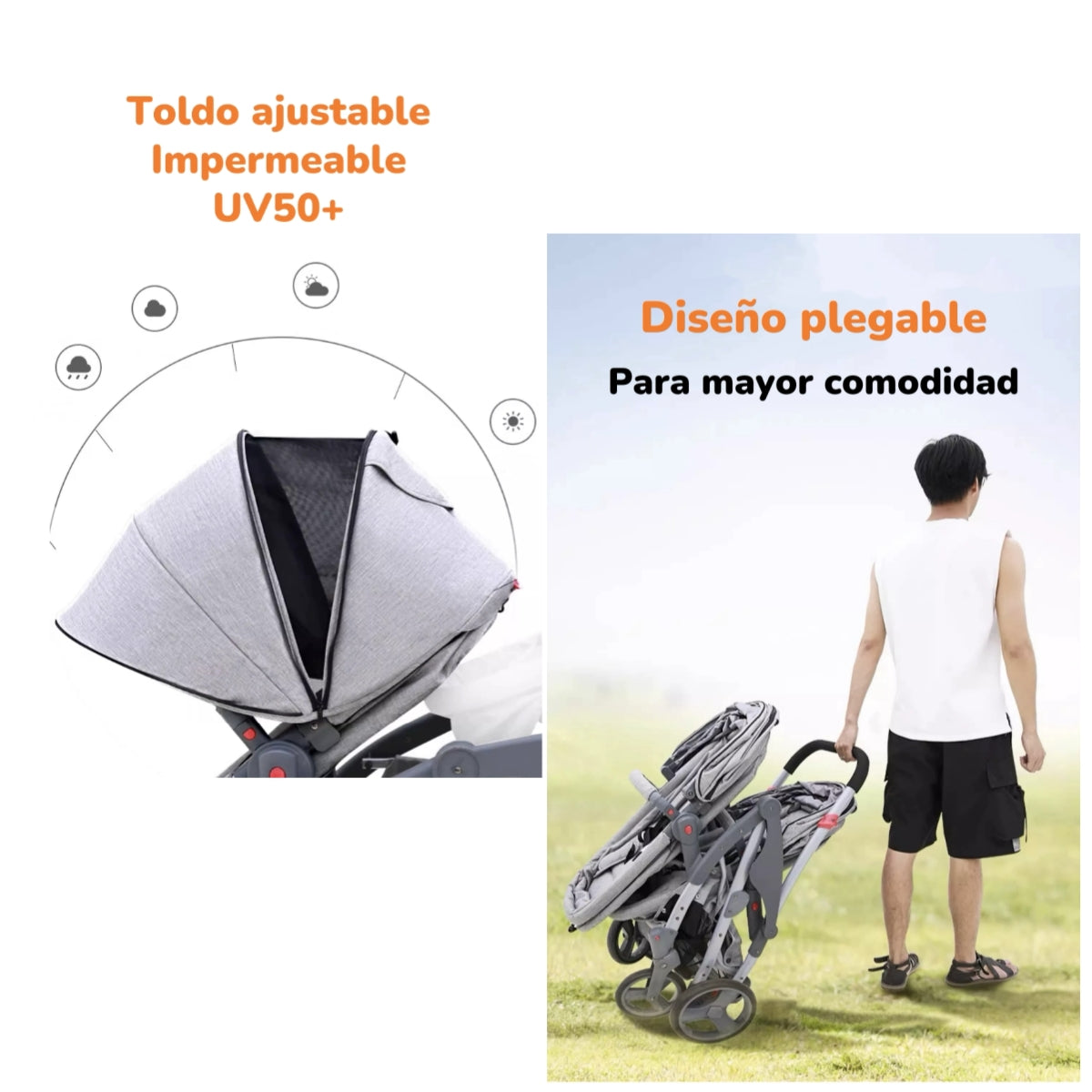 Coche Doble Duo Reclinable 9 Modos En 1 LuBabycas Gris
