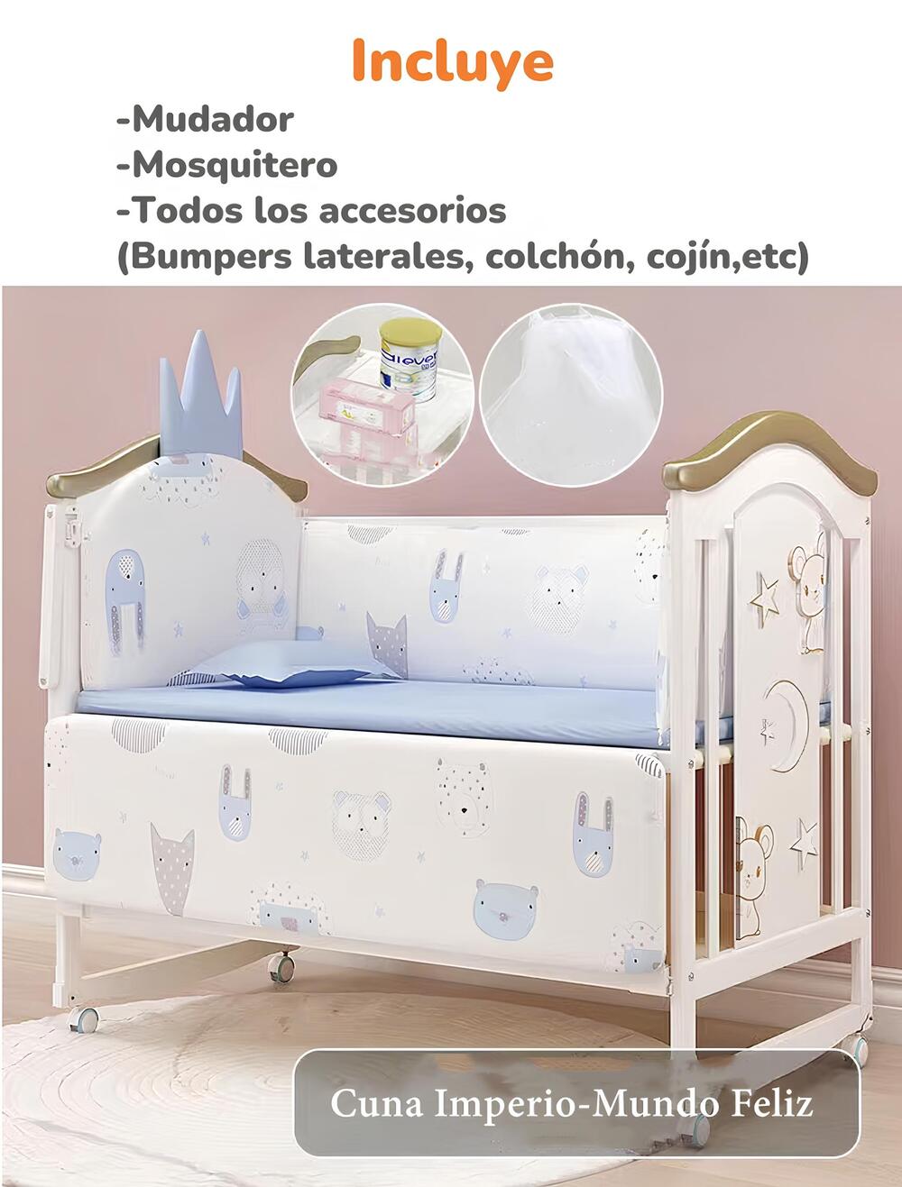 Cuna Colecho Madera Con Mudador Mosquitero Lubabycas Azul
