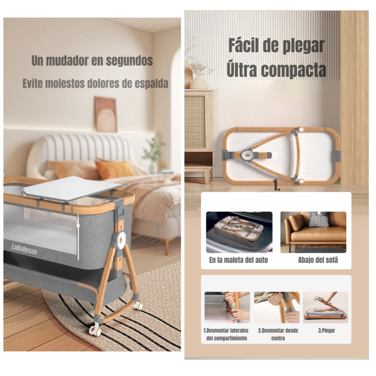 Cuna Colecho Mecedora 3 En 1 LuBabycas Gris