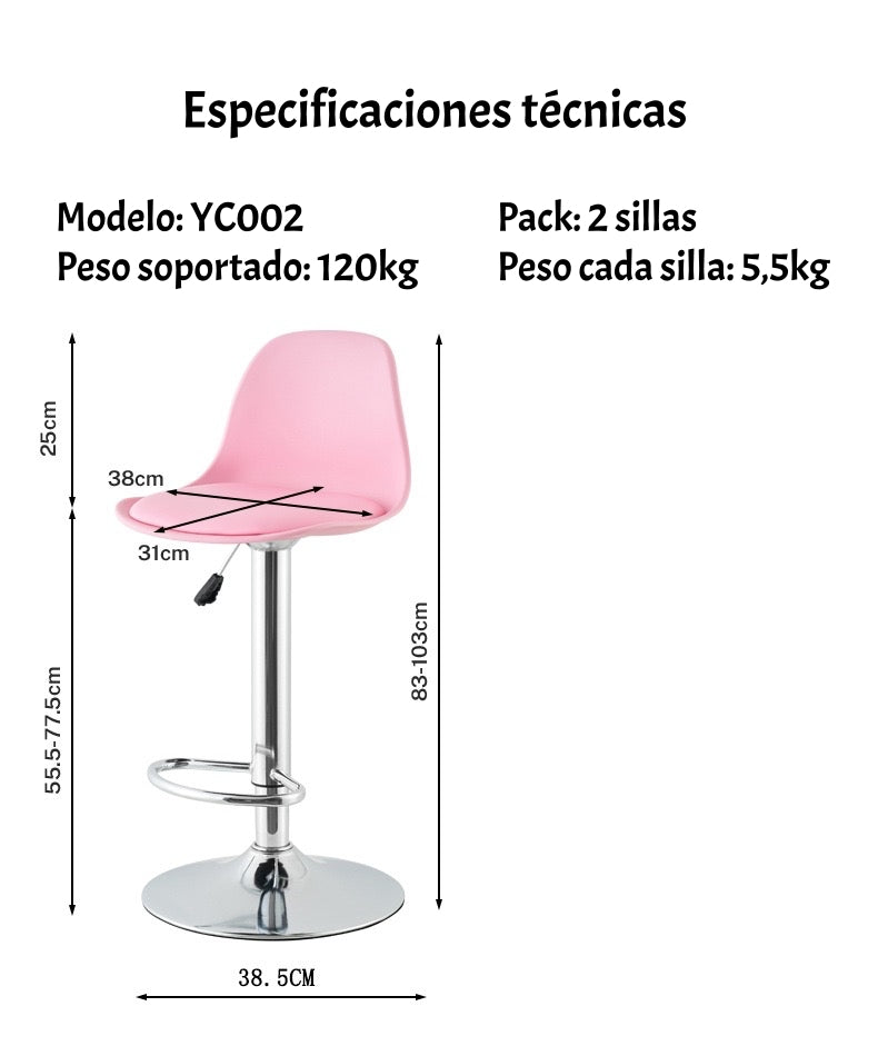 Pack 2 Sillas Piso Bar Negras Altura Regulable Con Respaldo