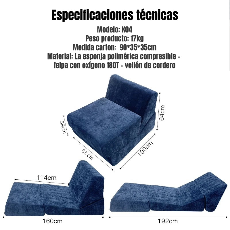 Sillon Sofa Cama Comprimido Convertible 3 en 1 K04 Azul