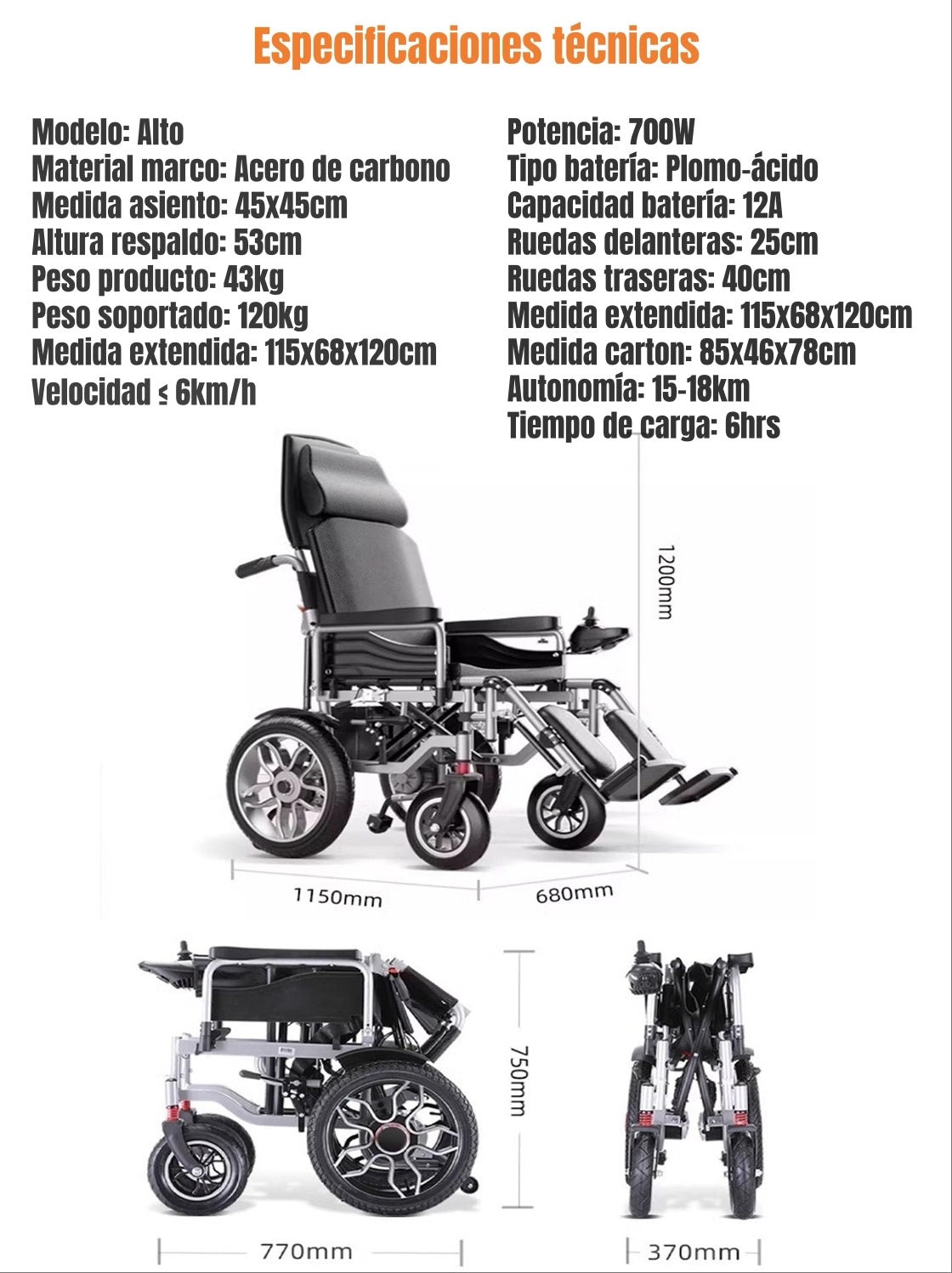 Silla De Ruedas Eléctrica 700W 18KM Plegable Alto LuBabycas