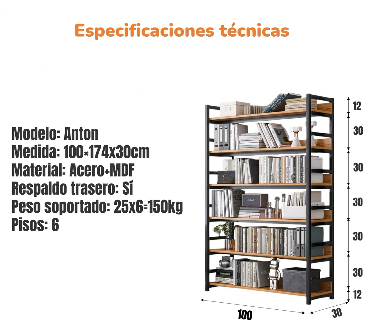 Estantes Librero Repisas De 6 Niveles 174cm Anton