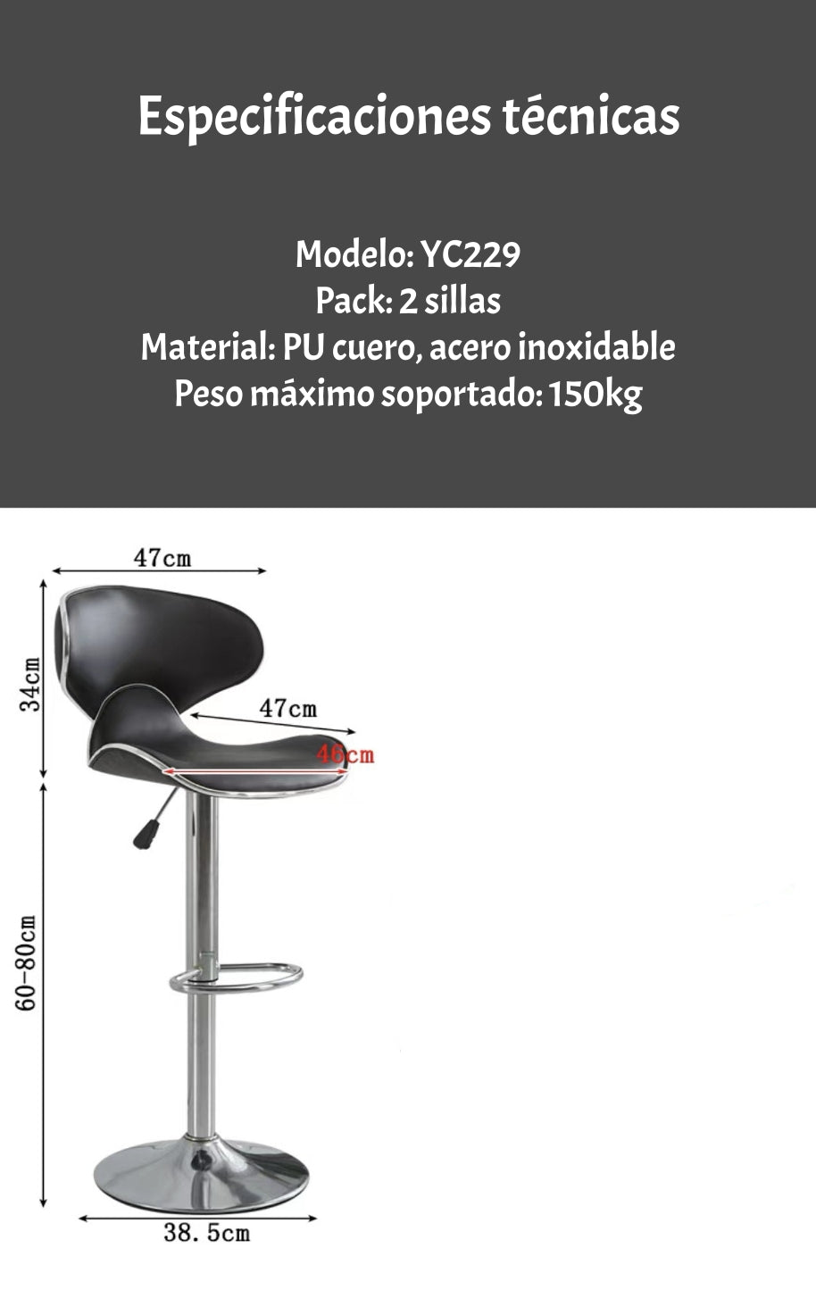 Pack 2 Sillas Piso Bar Premium Negras Altura Regulable YC229