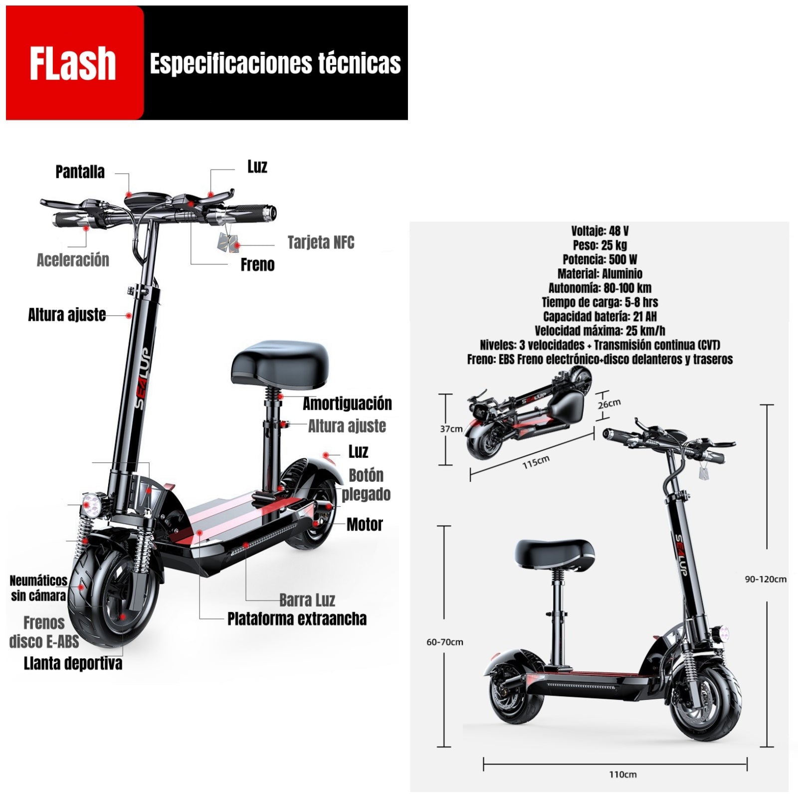 Scooter Adulto Eléctrico Flash 48V 500W 80KM Aluminio Negro