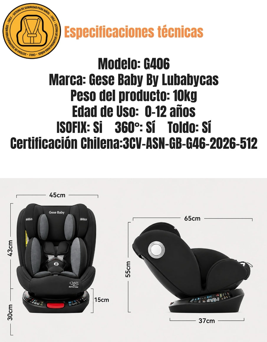 Silla de Auto LuBabycas Convertible 360° Isofix 0-12 Años G406 Negra