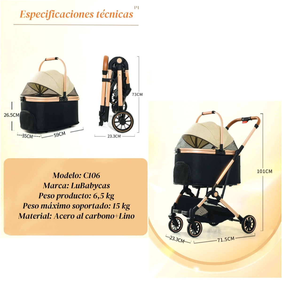 Coche Para Mascotas Premium 2 En 1 C106 Negro LuBabycas