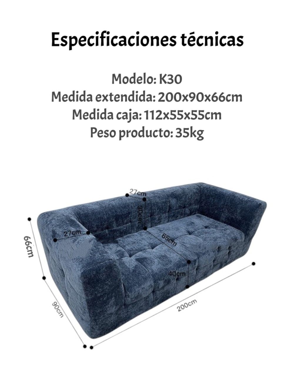 Sofá Comprimido Tela De Pana 200x90cm K30 Azul