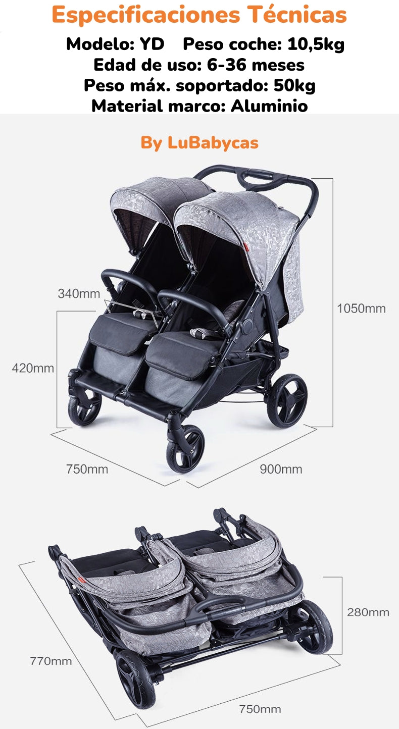 Coche Doble De Paseo Marco Aluminio Liviano Gris LuBabycas