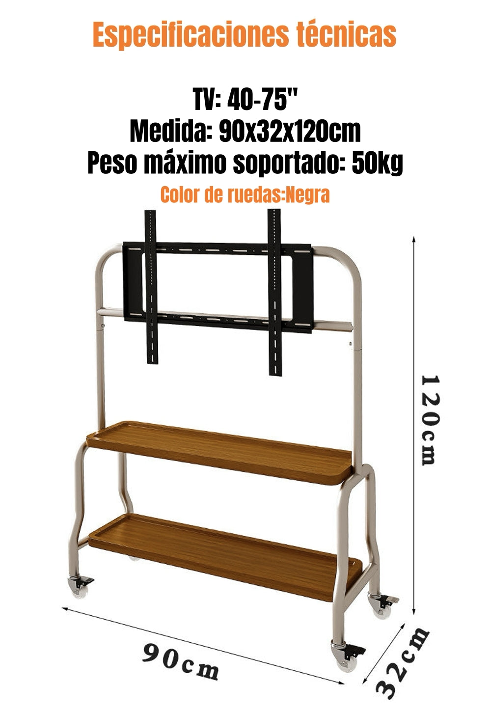 Soporte TV Rack Pedestal 40”-75” Ruedas Doble Almacenamiento