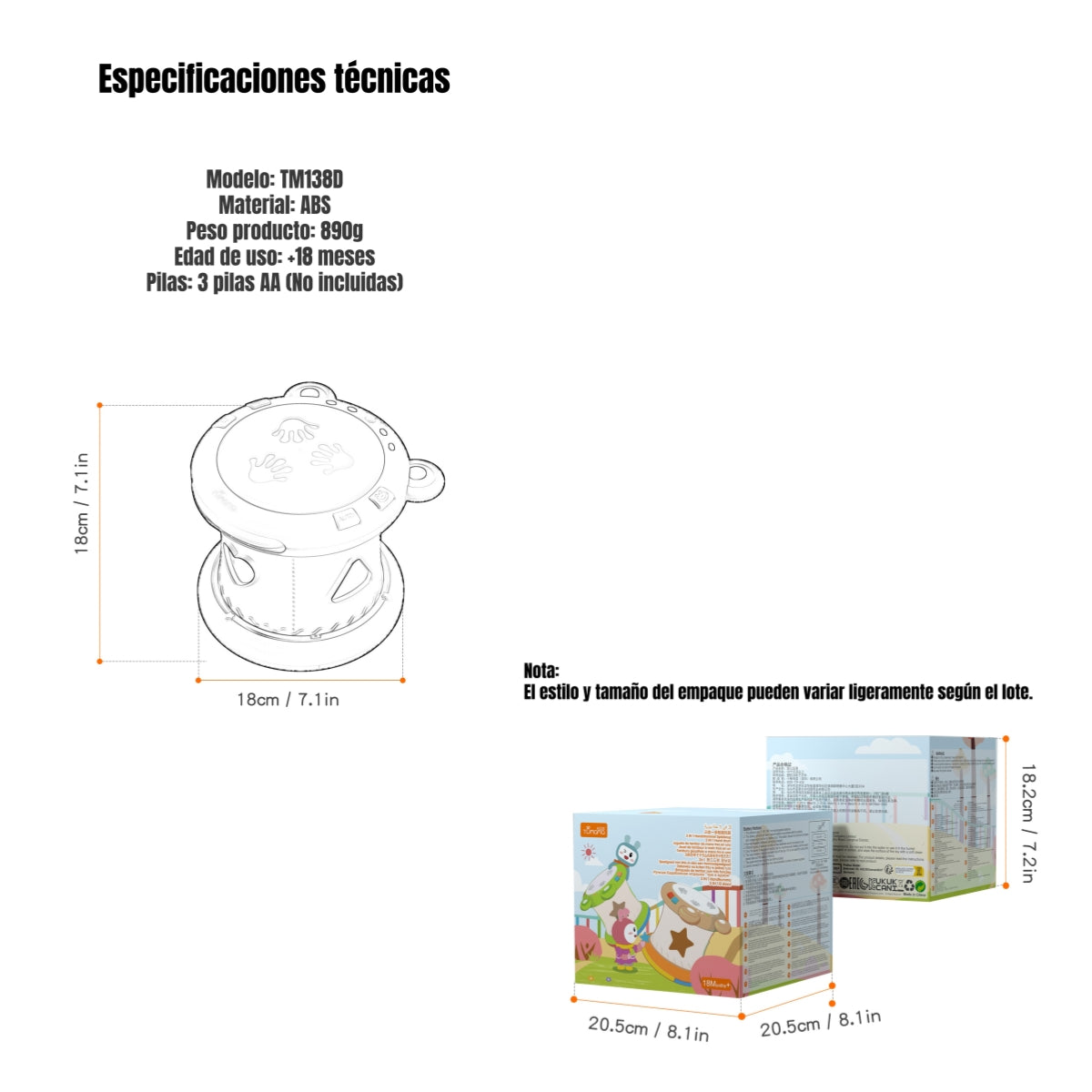 Tambor Musical Niños Multifuncional 6 Modos TM138D LuBabycas