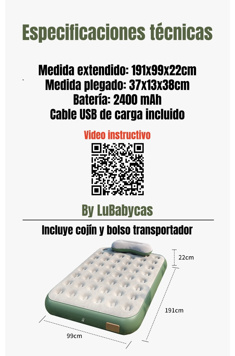 Colchón Cama Inflable Eléctrico Con Cojín Bolso 1 Plaza Sun