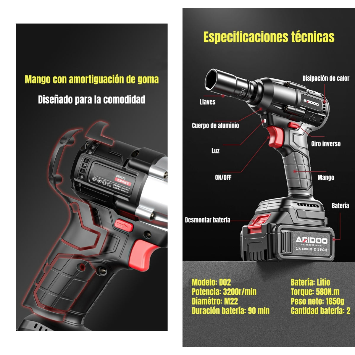 Kit Llave Impacto Inalámbrica Taladro Pistola 2 Baterías D02