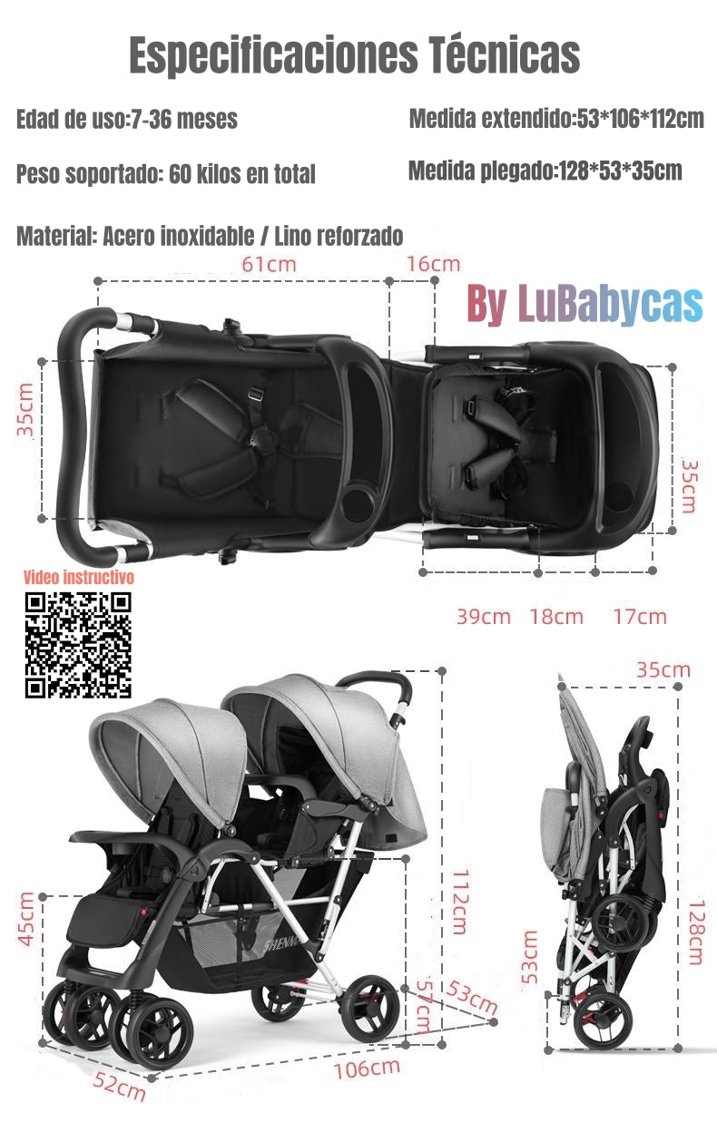 Coche Doble Duo Reclinable Plegable Gris By LuBabycas