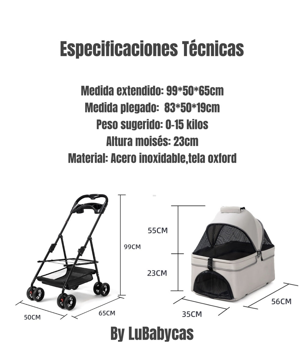 Coche Para Mascotas Perros Gatos 2 En 1 LuBabycas Gris