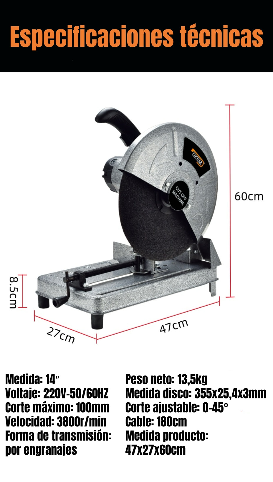 Tronzadora Industrial 14″ 2200W 3800RPM Con Disco G02 Gris