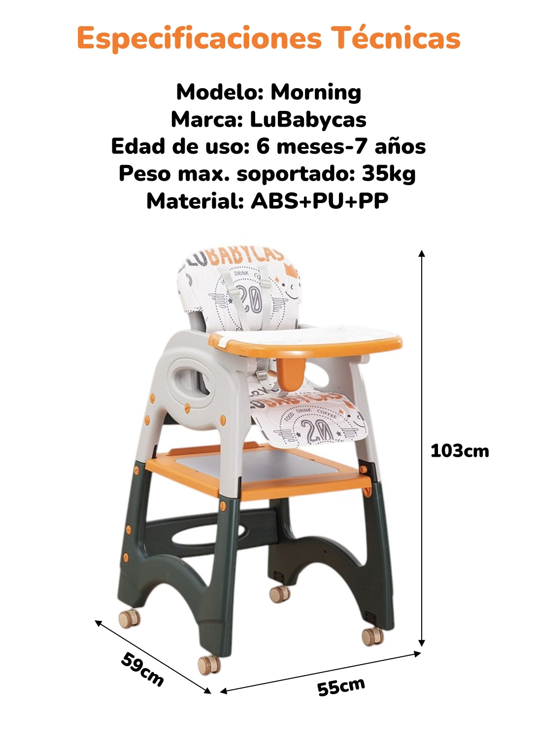 Silla De Comer Multifuncional Con Ruedas Naranja Lubabycas