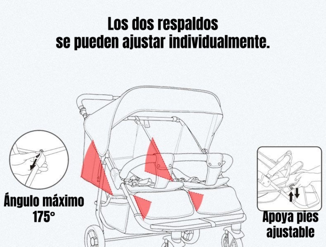 Coche Doble Reclinable 4 años Seebaby Gris LuBabycas