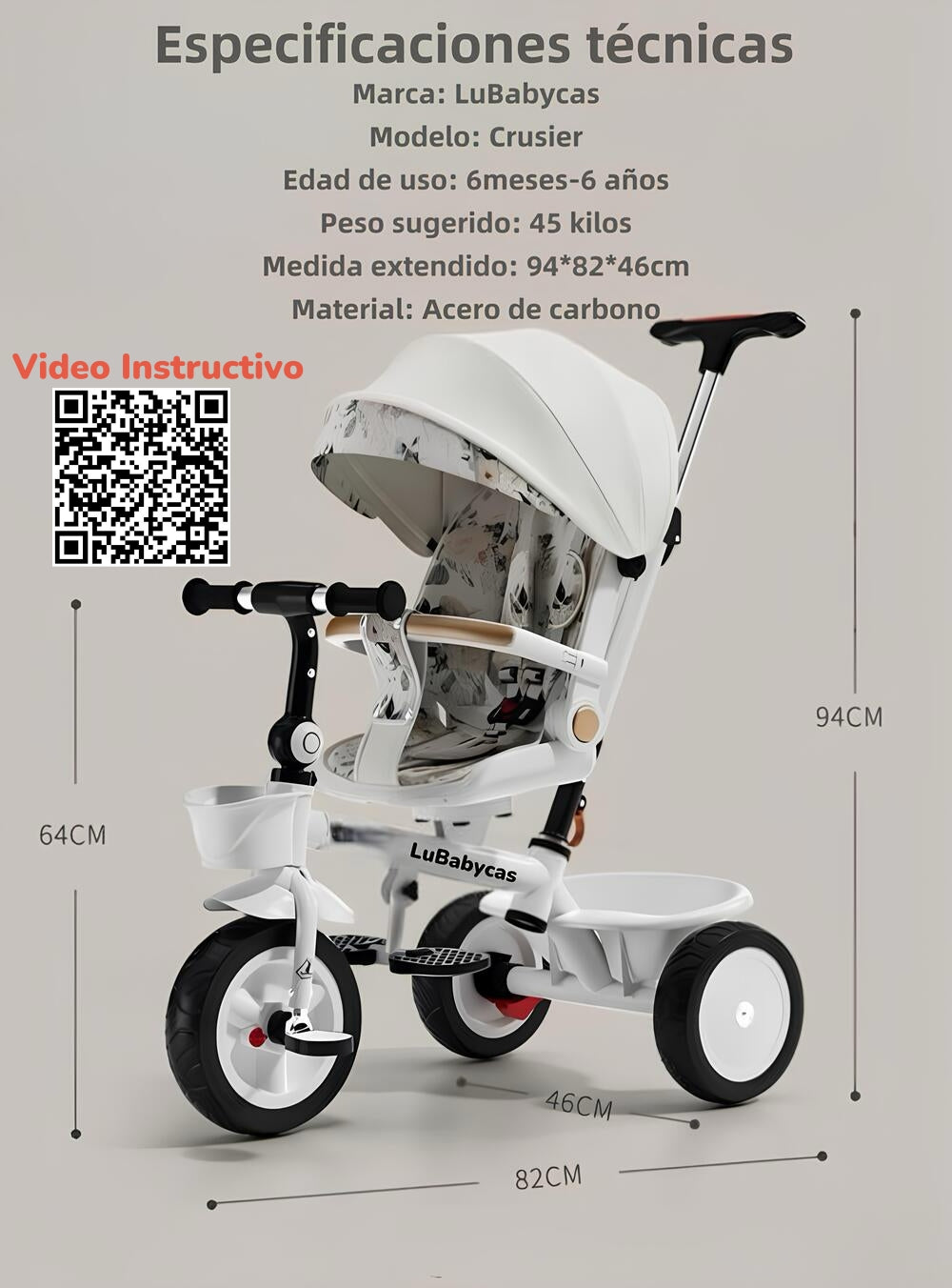 Triciclo LuBabycas 360° Multiposiciones con Mesita Negro